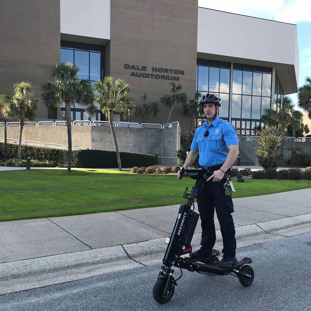 Officer Landon Detweiler patrols Pensacola Christian College on the Trikke Defender