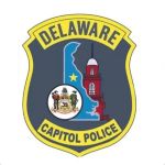 Delaware Capitol Police patch badge with blue shield and gold border reading Delaware Capitol Police