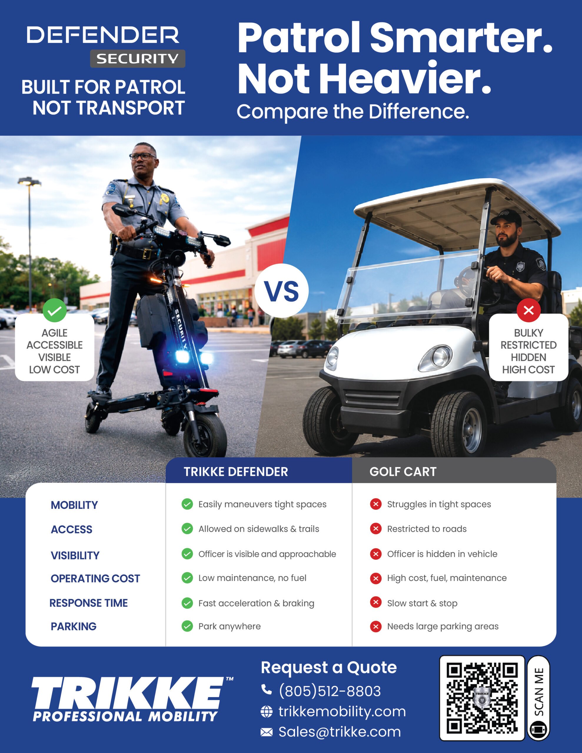 Comparison banner with Defender on the left and golf cart on the right VS in the center and branding text at top left and top right