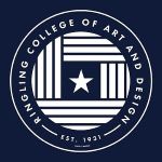 Circular navy emblem for the College of Art and Design featuring a white star and vertical stripes in a shield like design