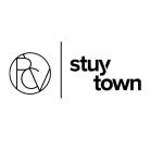 Logo with a circular abstract symbol on the left and the words stuv town on the right