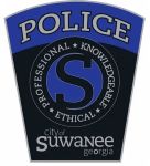 Suwanee Georgia Police Department badge blue shield with a large S in the center and POLICE at the top