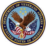 Seal of the US Department of Veterans Affairs featuring an eagle holding flags with a blue and gold border
