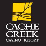 Cache Creek Casino Resort logo yellow square with abstract branch design and white serif text on a dark background