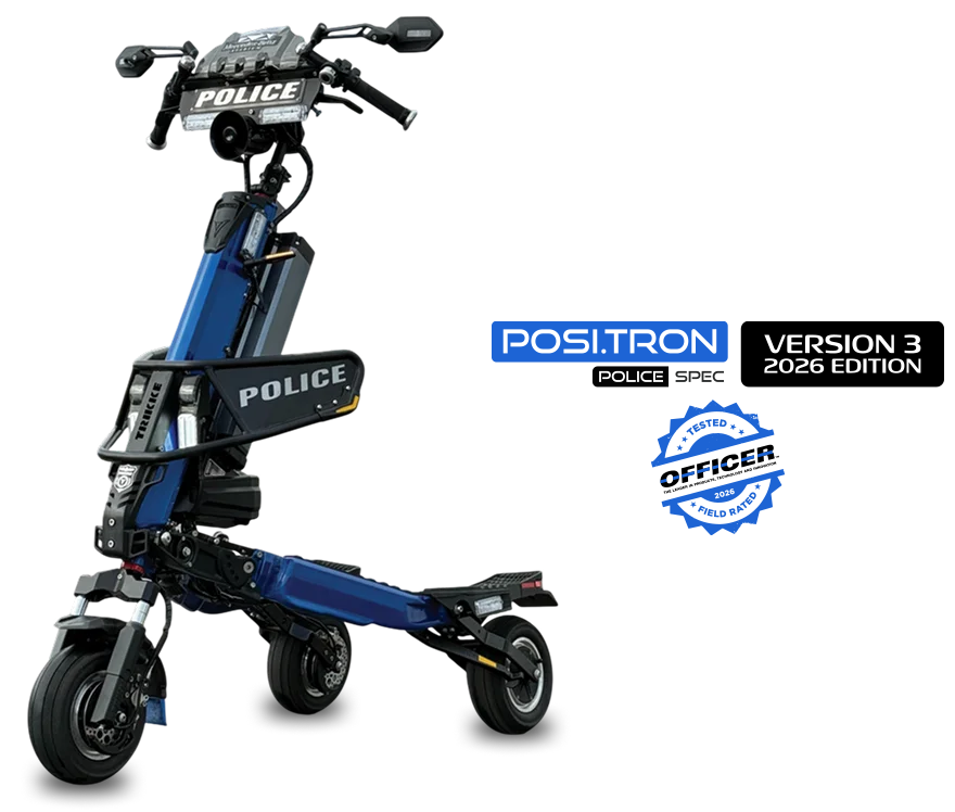 2 | Trikke Professional Mobility Blue police electric scooter with handlebars and a prominent POLICE badge shows Positron Police Spec Version 3 2026 Edition branding