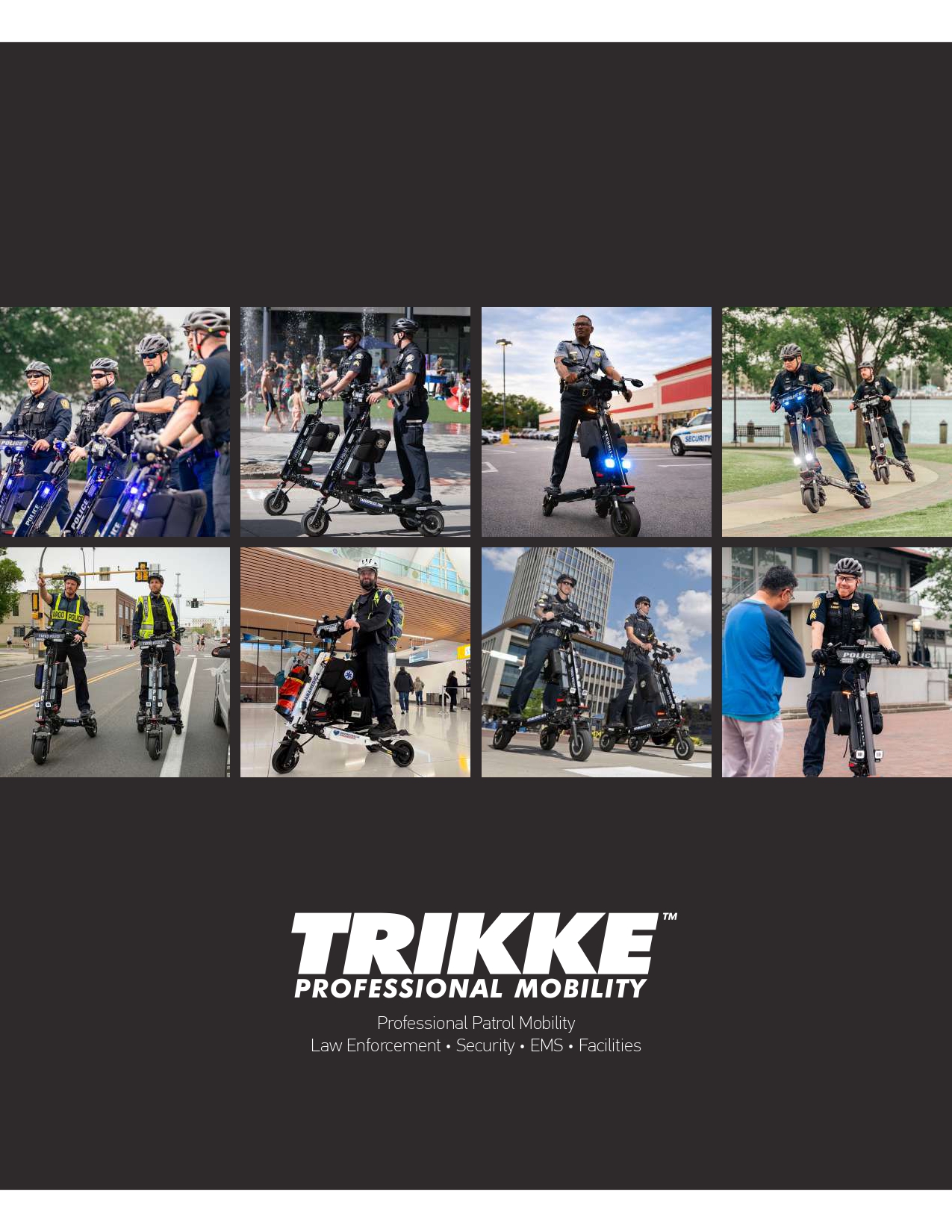 Collage of police officers riding electric patrol bikes and scooters illustrating Trikke professional mobility solutions for law enforcement and security