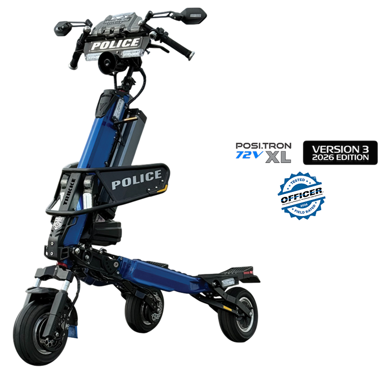 Blue police electric scooter with POLICE markings shown in a three quarter view handlebars at top left and foot deck at bottom right