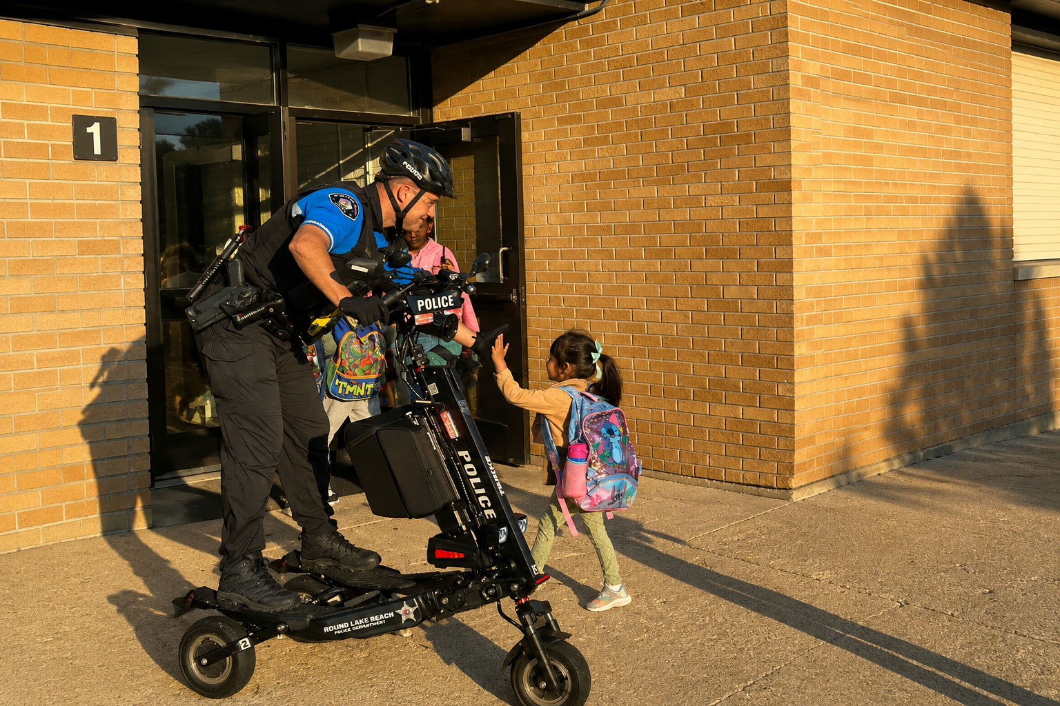 Round Lake Beach PD3 | Trikke Professional Mobility Police officer on a mounted patrol scooter greets a young girl with a backpack outside a brick school entrance