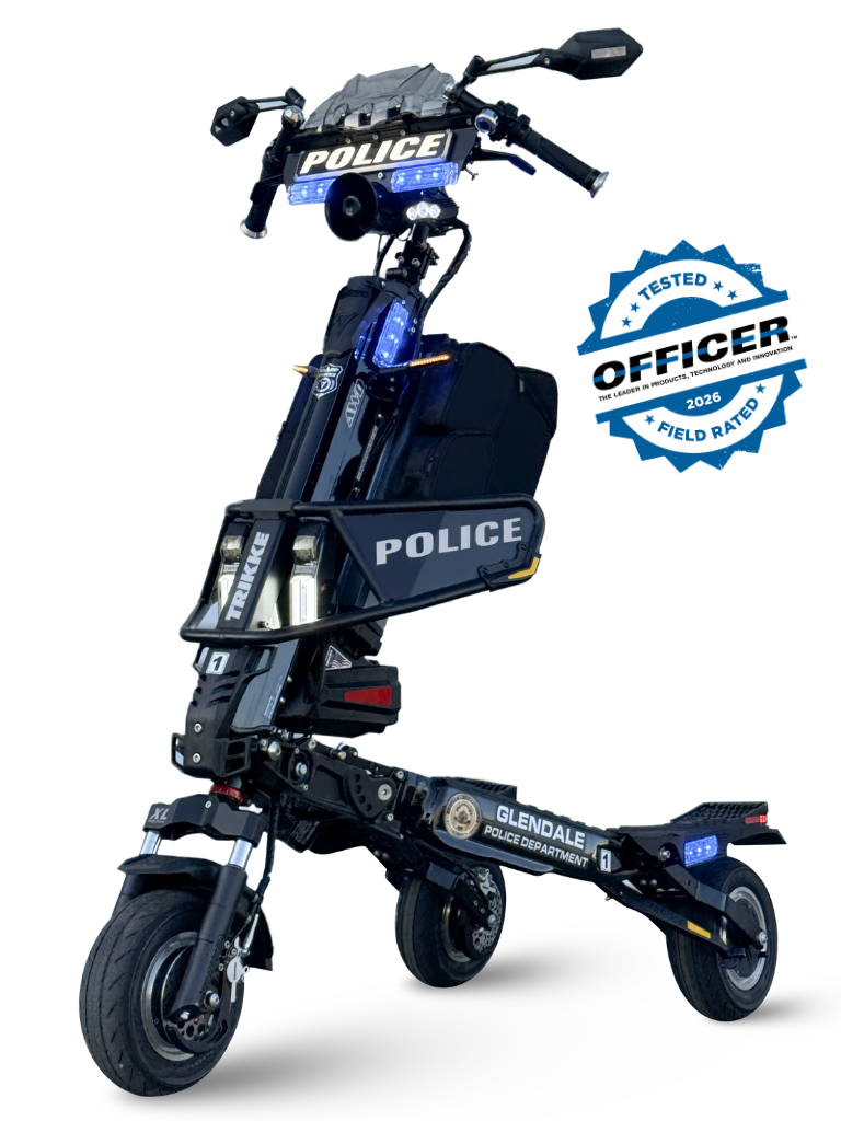 Electric police scooter with blue lights and Glendale Police Department branding on a black frame