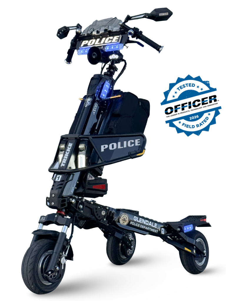 TrikkePositronOfficerLabssealofapproval | Trikke Professional Mobility Black police department electric scooter with blue emergency lights and POLICE branding Glendale unit on the frame