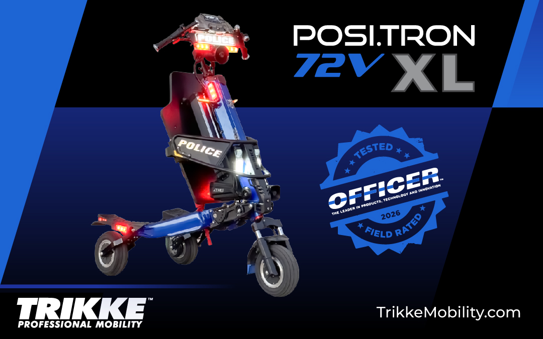 Promotional banner for POSITRON 72V XL electric mobility scooter with Trikke branding and an Office Tested seal.
