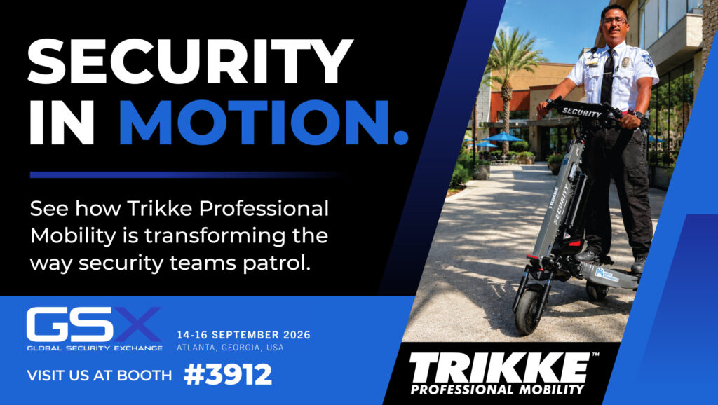 Trikke Professional MobilityGSX1 | Trikke Professional Mobility Banner promoting Security in Motion at GSX 2026 featuring a security officer on a mobility scooter beside a modern building with blue graphics