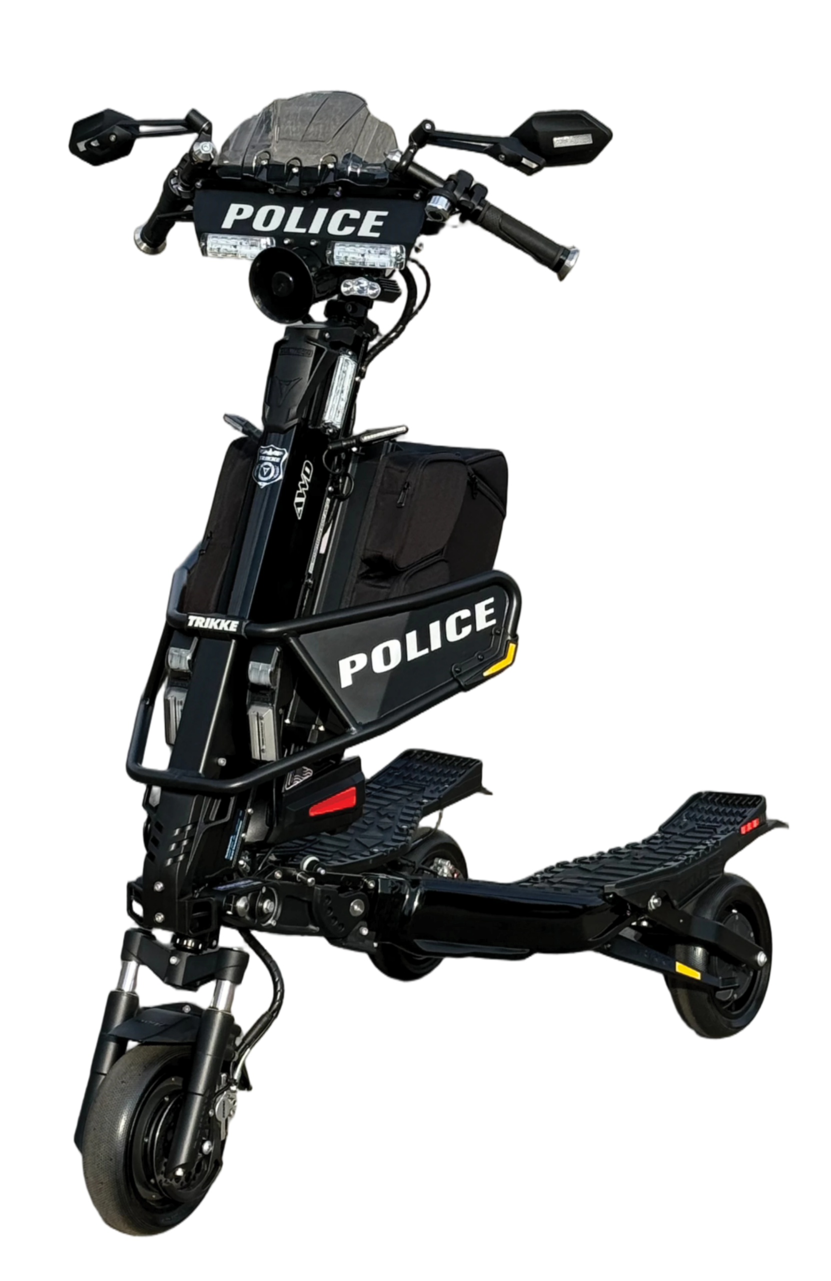 Police themed electric scooter with POLICE branding on the front and a gear bag attached