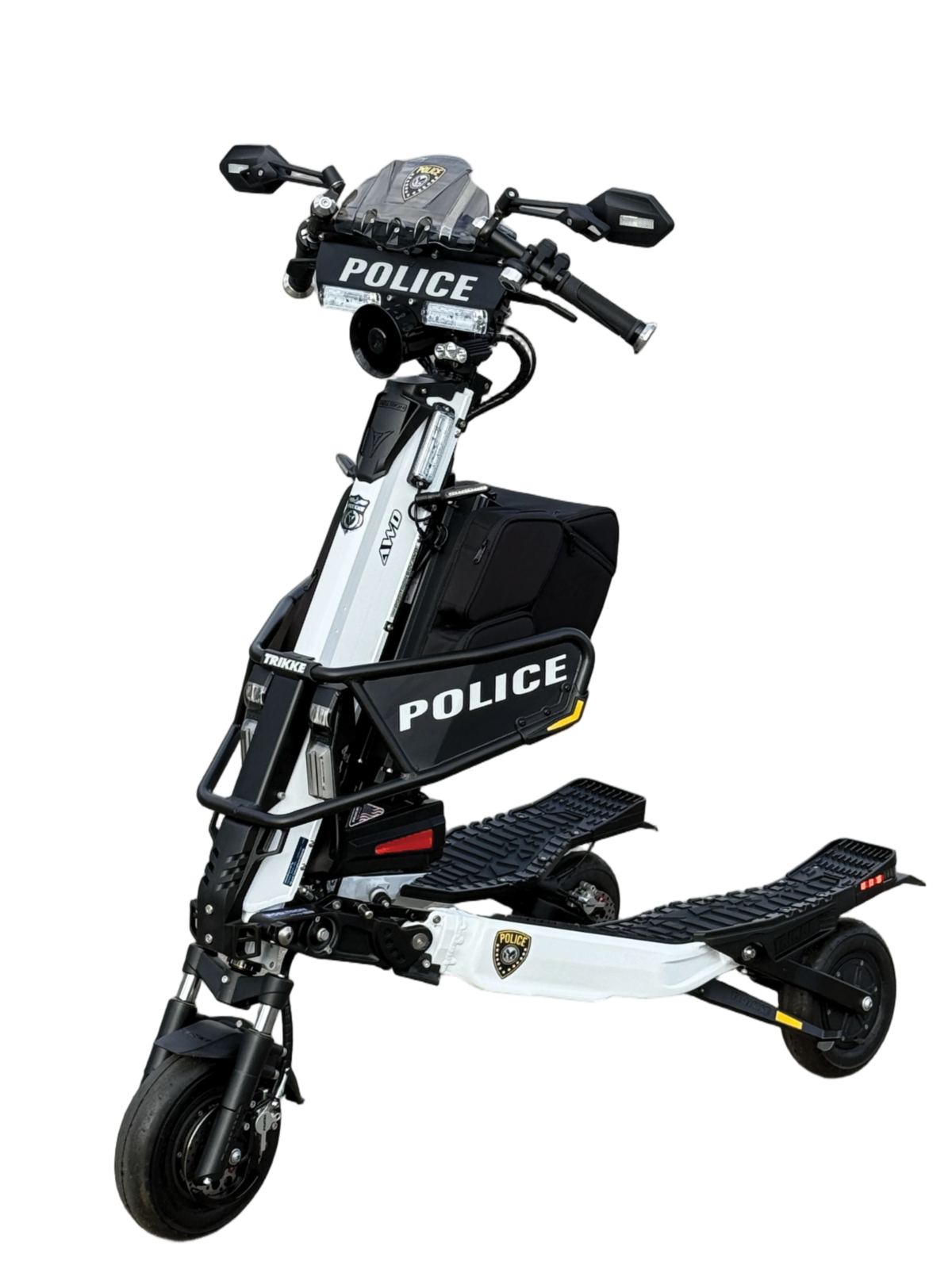 TrikkePositron72veliteweb | Trikke Professional Mobility Police patrol scooter with POLICE branding mounted front dashboard and side storage bags ready for duty