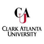 Clark Atlanta University logo featuring black 'GA' with a red 'U' interwoven, and the full name below in black serif typeface.