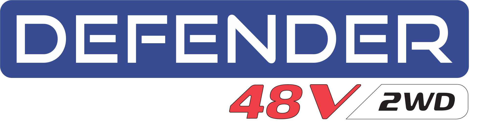 Defender 48V 2WD logo badge with blue rounded rectangle background