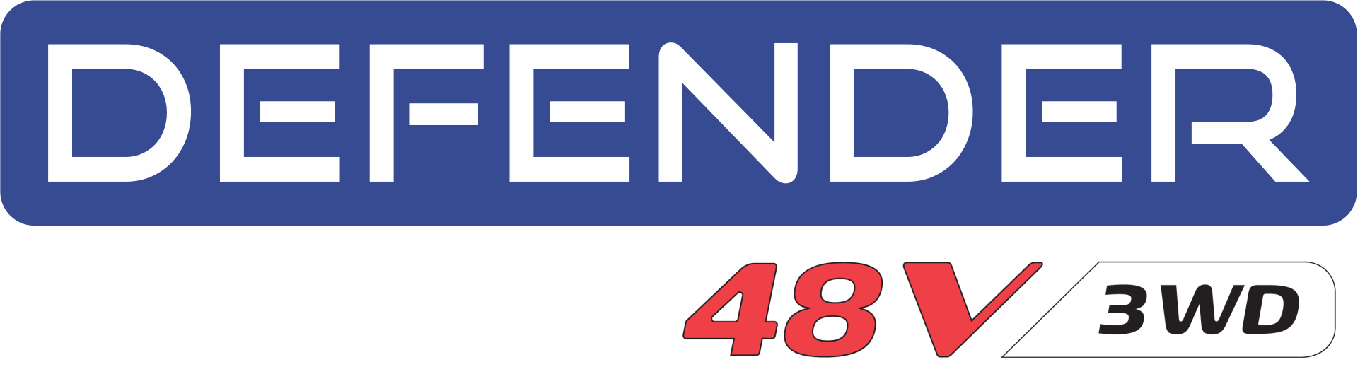Blue Defender logo with white DEFENDER text and a red 48V with a black 3WD badge