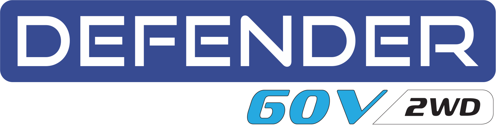 Defender logo on a blue rounded rectangle with large white letters to the right a blue 60V and black 2WD badge