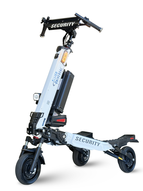 Three wheeled security patrol scooter with handlebars white frame and SECURITY labels on the bars and deck