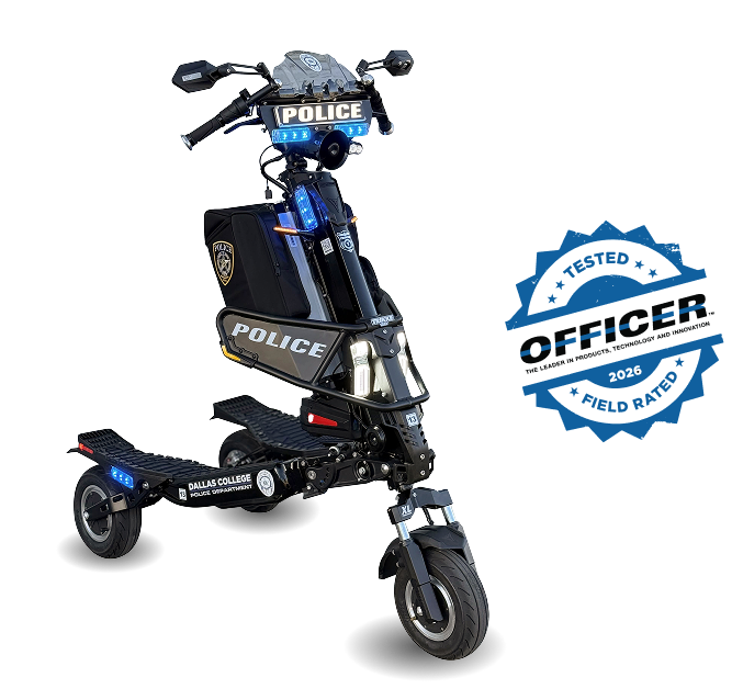 Group 2577 4 | Trikke Professional Mobility Black police electric scooter with POLICE markings and Dallas College Police Department branding shown with an officer badge sticker on the side and blue lights