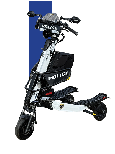 Group 2578 1 | Trikke Professional Mobility Police electric patrol scooter with handlebars and a black and white color scheme labeled POLICE on the body panel