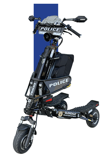 Group 2578 | Trikke Professional Mobility Front right view of a Glendale Police Department scooter with police markings and mounted bags