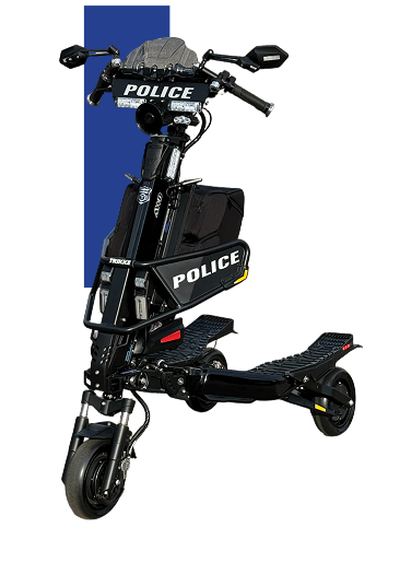 Group 2579 | Trikke Professional Mobility Police electric scooter with black frame and POLICE decals on front and side blue background stripe behind handlebars