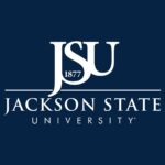 Jackson State University logo: white JSU monogram with '1877' on a navy background, plus 'JACKSON STATE UNIVERSITY' text underneath with a horizontal line beneath the monogram.