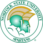 Norfolk State University Spartans logo: circular seal with green helmets, orange winged crest, and 'Norfolk State University' around the rim, 'Spartans' at bottom