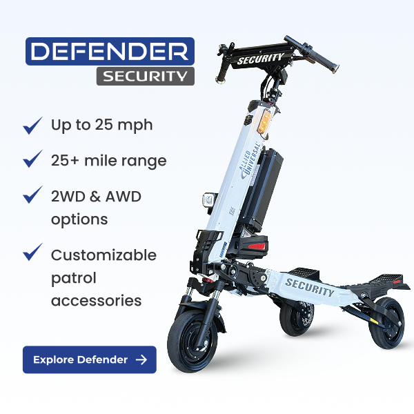 Defender Security patrol scooter with four bullet features up to 25 mph 25+ mile range 2WD AWD options customizable accessories and an Explore Defender calltoaction
