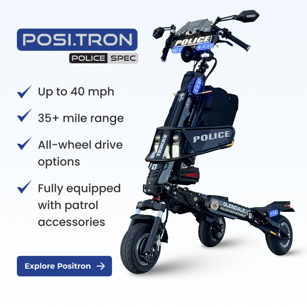 Promotional image of a blue Positron police spec scooter with features 40 mph 35+ mile range AWD options patrol accessories Explore Positron button